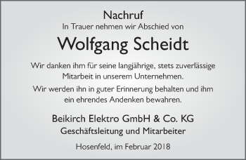 Traueranzeige von Wolfgang Scheidt 