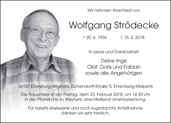 Traueranzeige von Wolfgang Strödecke 