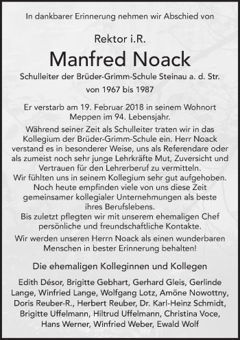 Traueranzeige von Manfred Noack 