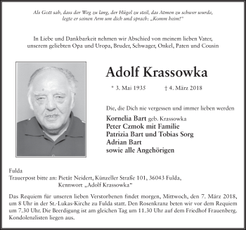 Traueranzeige von Adolf Krassowka 