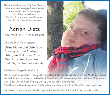 Traueranzeige von Adrian Dietz 