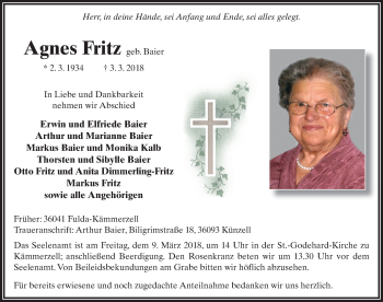 Traueranzeige von Agnes Fritz 