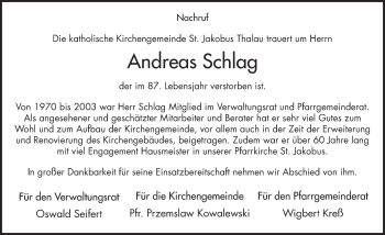 Traueranzeige von Andreas Schlag 