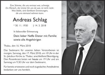 Traueranzeige von Andreas Schlag 