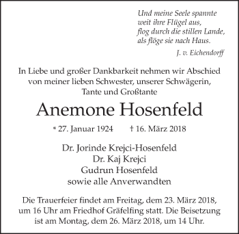 Traueranzeige von Anemone Hosenfeld 