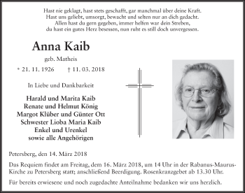 Traueranzeige von Anna Kaib 