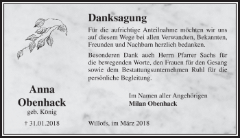 Traueranzeige von Anna Obenhack 