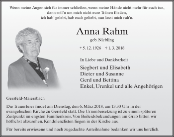 Traueranzeige von Anna Rahm 