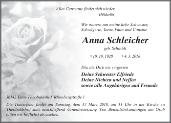 Traueranzeige von Anna Schleicher 