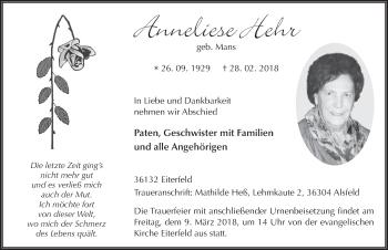 Traueranzeige von Anneliese Hehr 