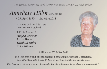 Traueranzeige von Anneliese Hühn 