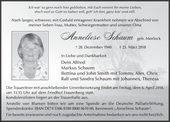 Traueranzeige von Anneliese Schaum 