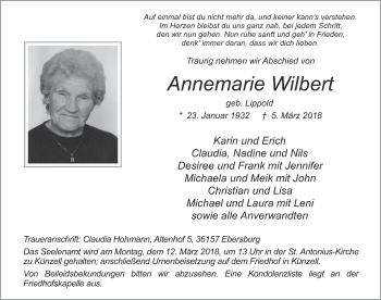 Traueranzeige von Annemarie Wilbert 