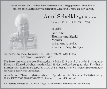Traueranzeige von Anni Schelkle 