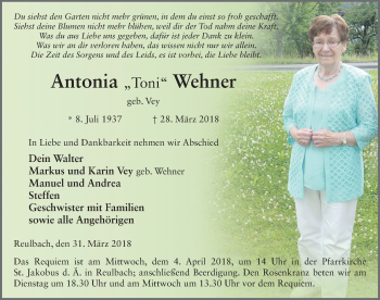 Traueranzeige von Antonia Wehner 