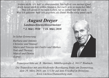 Traueranzeige von August Dreyer 