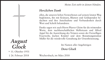 Traueranzeige von August Glock 