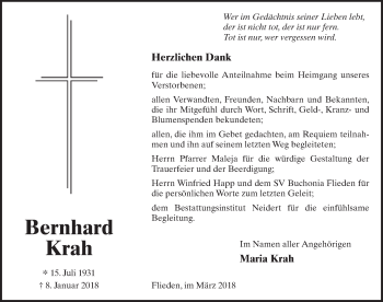 Traueranzeige von Bernhard Krah 