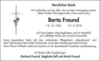 Traueranzeige von Berta Freund 