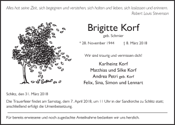 Traueranzeige von Brigitte Korf 