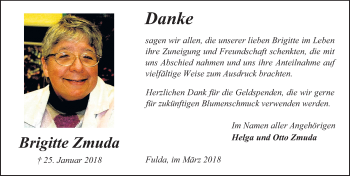 Traueranzeige von Brigitte Zmuda 
