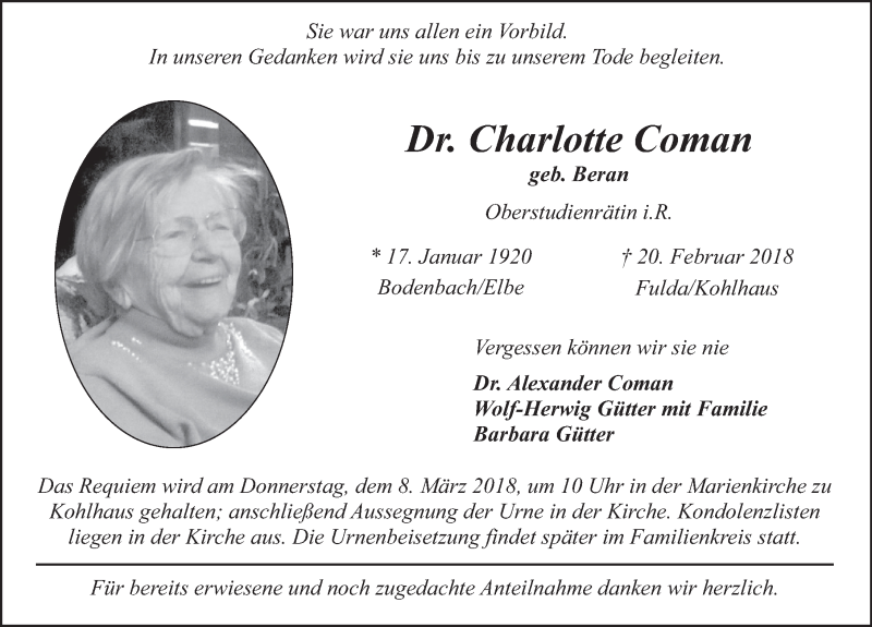  Traueranzeige für Charlotte Coman vom 05.03.2018 aus 