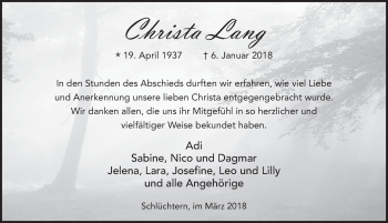 Traueranzeige von Christa Lang 