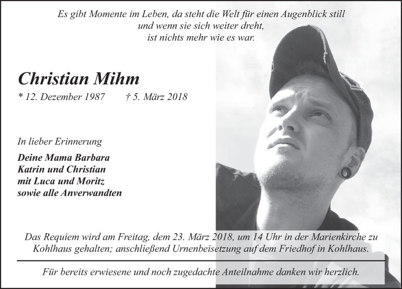  Traueranzeige für Christian Mihm vom 21.03.2018 aus 