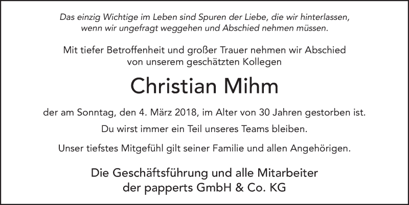  Traueranzeige für Christian Mihm vom 21.03.2018 aus 