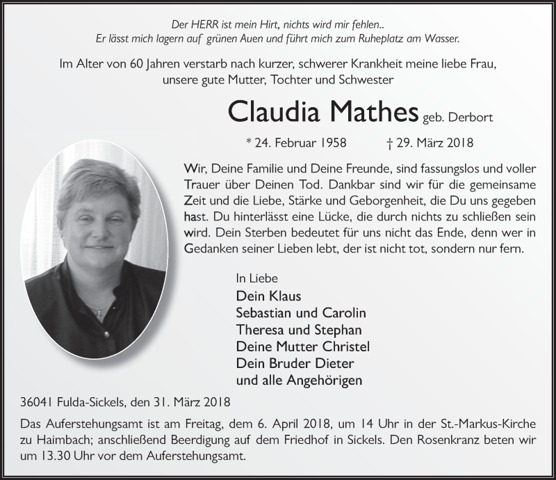  Traueranzeige für Claudia Mathes vom 31.03.2018 aus 