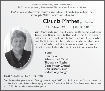 Traueranzeige von Claudia Mathes 