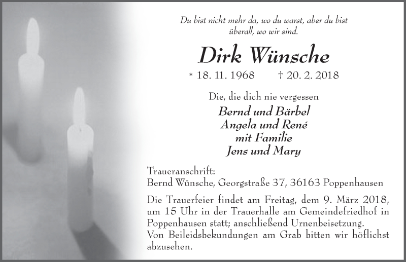  Traueranzeige für Dirk Wünsche vom 06.03.2018 aus 