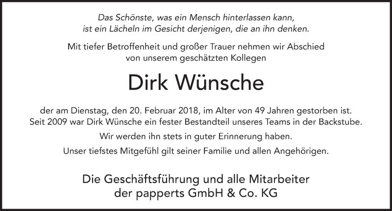  Traueranzeige für Dirk Wünsche vom 06.03.2018 aus 