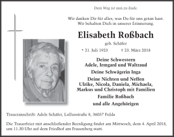 Traueranzeige von Elisabeth Roßbach 