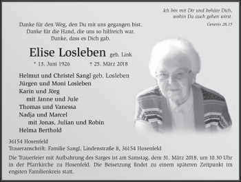 Traueranzeige von Elise Losleben 