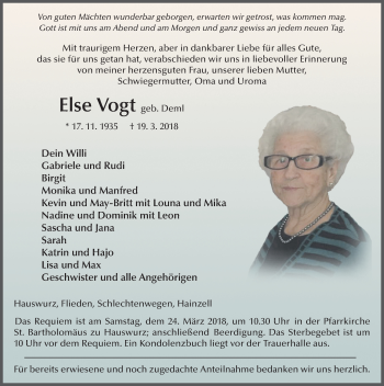 Traueranzeige von Else Vogt 