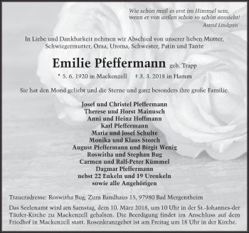 Traueranzeige von Emilie Pfeffermann 
