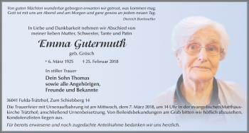 Traueranzeige von Emma Gutermuth 