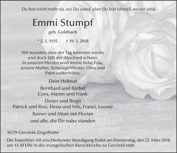 Traueranzeige von Emmi Stumpf 