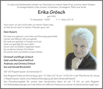 Traueranzeige von Erika Grösch 