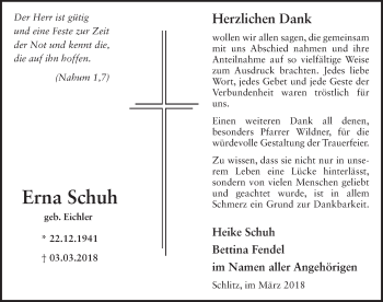 Traueranzeige von Erna Schuh 