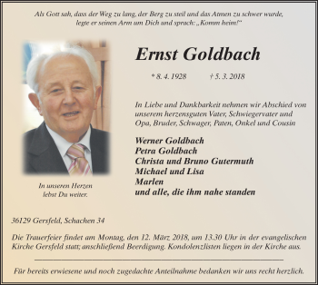 Traueranzeige von Ernst Goldbach 