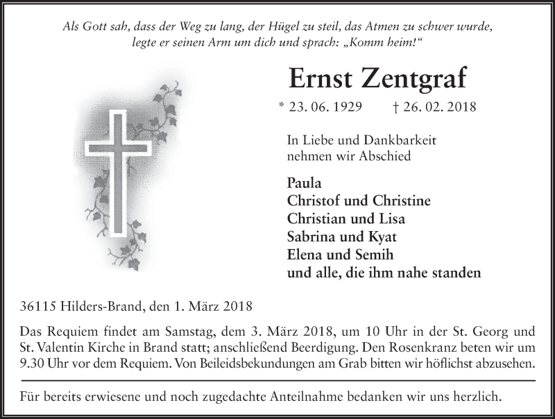  Traueranzeige für Ernst Zentgraf vom 01.03.2018 aus 