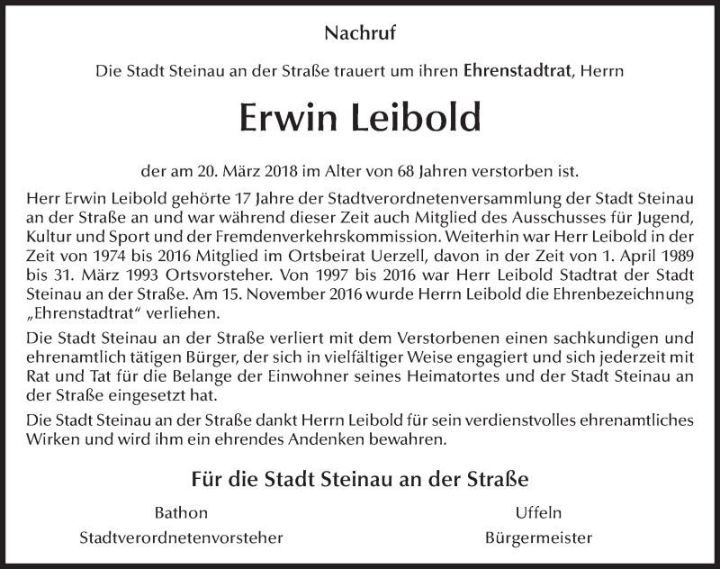  Traueranzeige für Erwin Leibold vom 22.03.2018 aus 