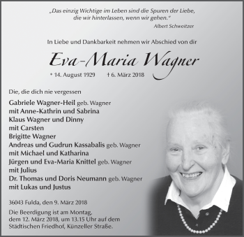Traueranzeige von Eva-Maria Wagner 