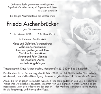 Traueranzeige von Frieda Aschenbrücker 