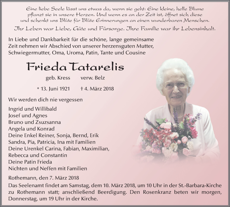  Traueranzeige für Frieda Tatarelis vom 07.03.2018 aus 