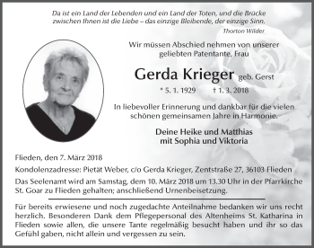 Traueranzeige von Gerda Krieger 