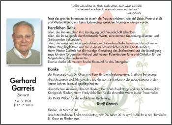 Traueranzeige von Gerhard Garreis 