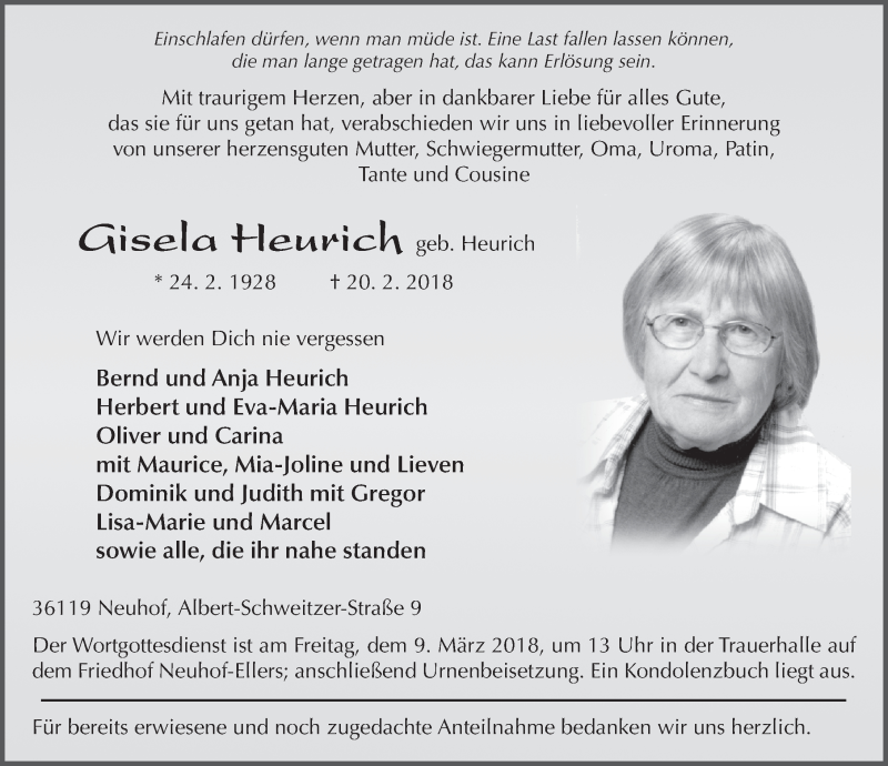  Traueranzeige für Gisela Heurich vom 06.03.2018 aus 